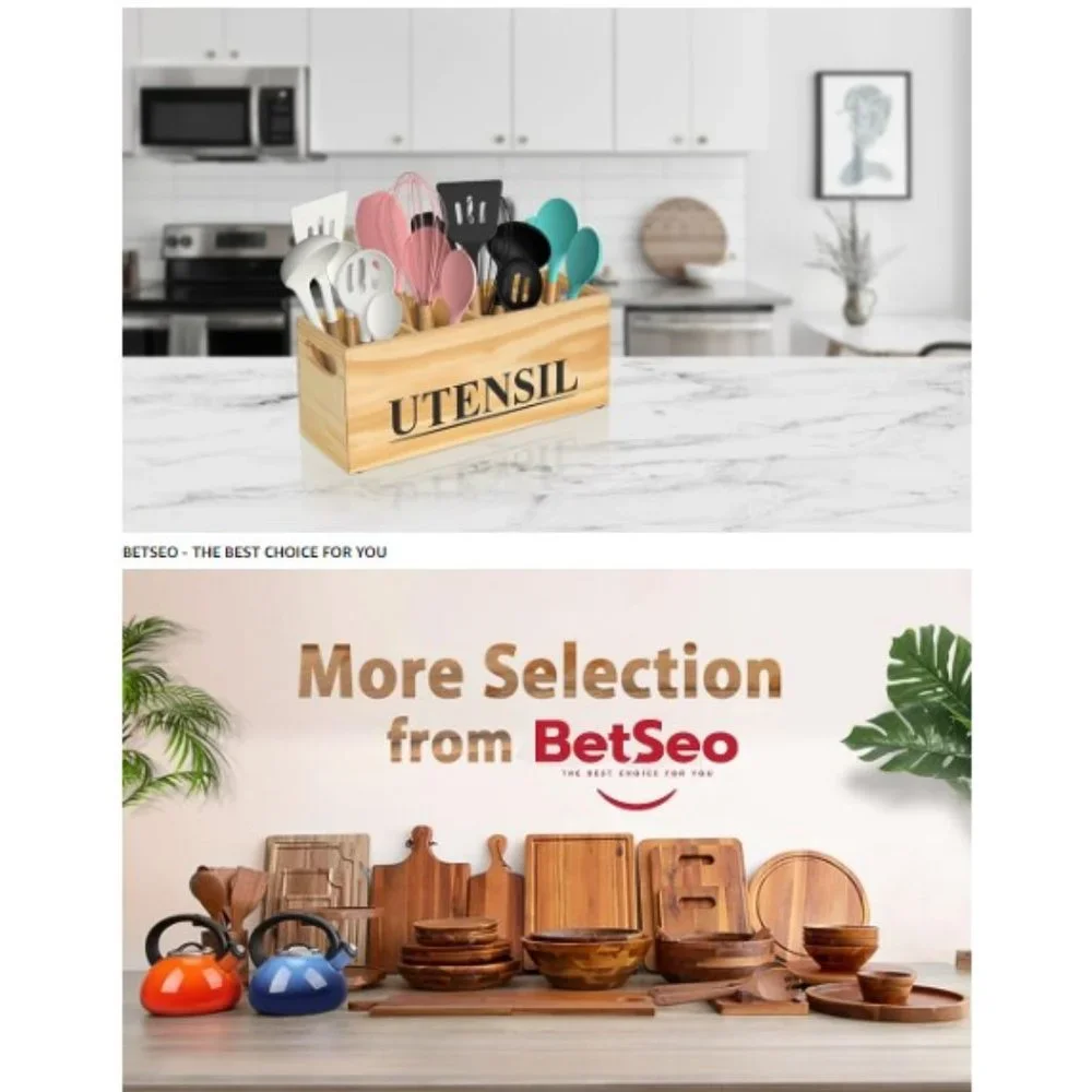 XL - Pine Wood Kitchen Cooking Utensil Holder - 4 Removable Compartments